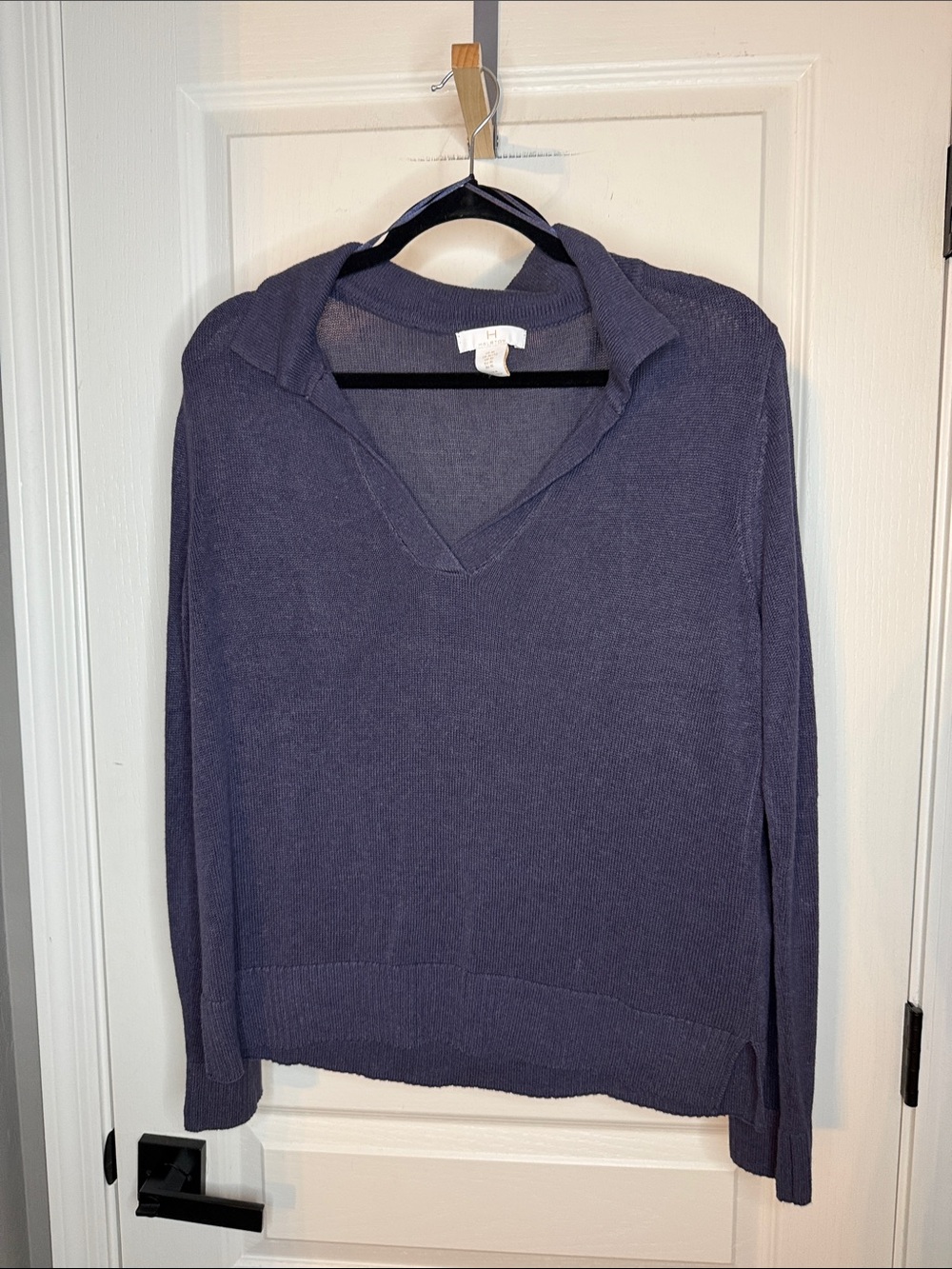 Halston Heritage Women's V-Neck Linen Blend Collared Sweater - Navy